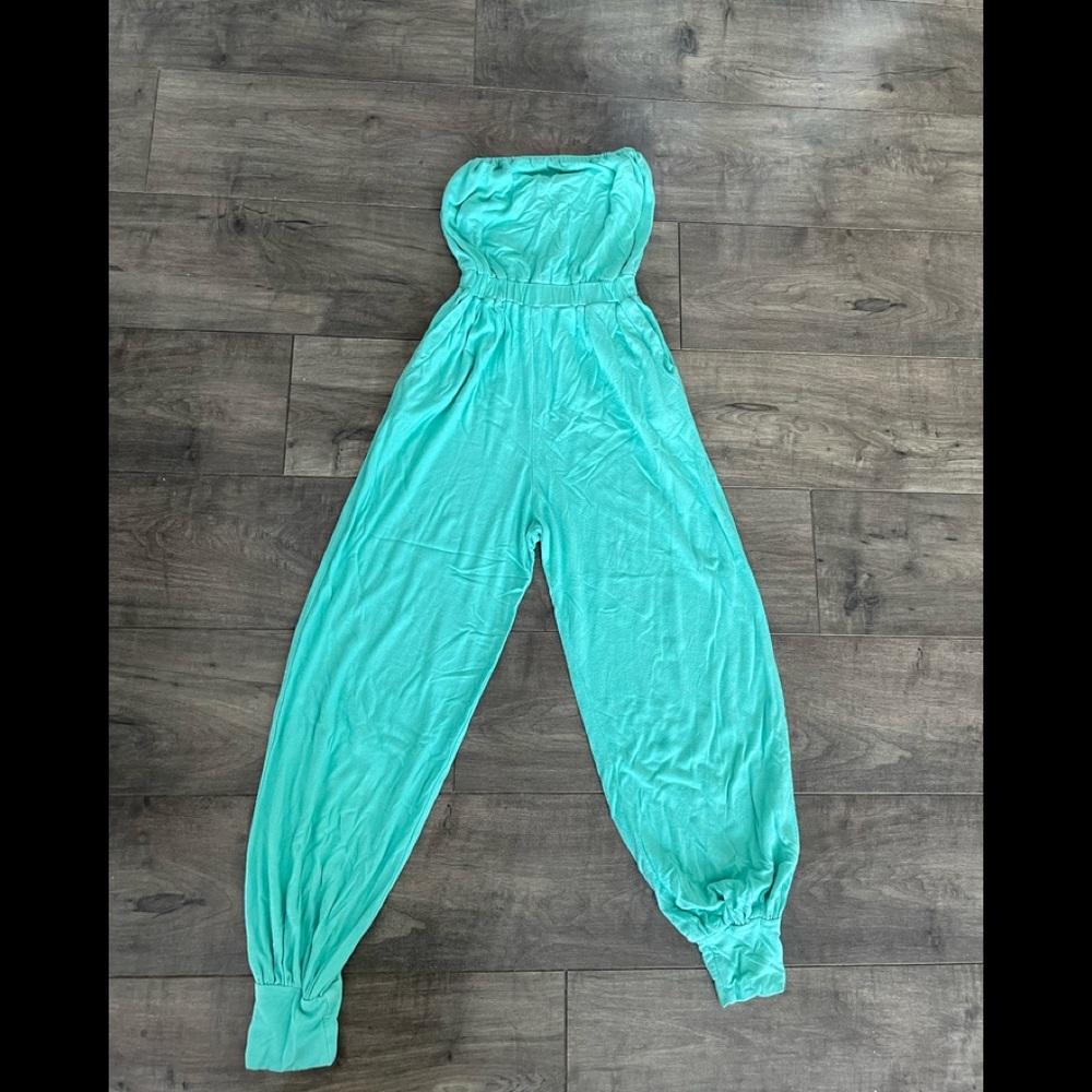 Strapless teal jumpsuit